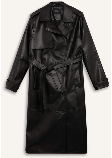 Su Geçirmez Suni Deri Trençkot Kruvaze Yaka Düğmeli Kemerli Cepli A7960AX25SP