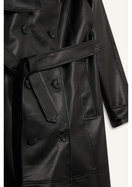 Su Geçirmez Suni Deri Trençkot Kruvaze Yaka Düğmeli Kemerli Cepli A7960AX25SP