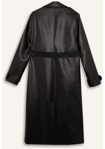 Su Geçirmez Suni Deri Trençkot Kruvaze Yaka Düğmeli Kemerli Cepli A7960AX25SP