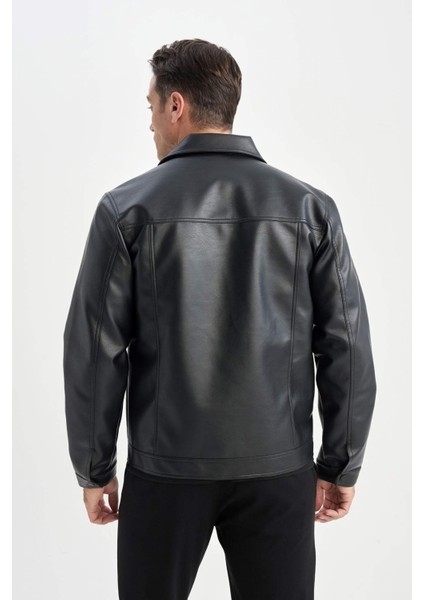 Su İtici Slim Fit Çıtçıtlı Mont Dar Kesim Suni Deri Gömlek Yaka Cepli D6589AX25SP