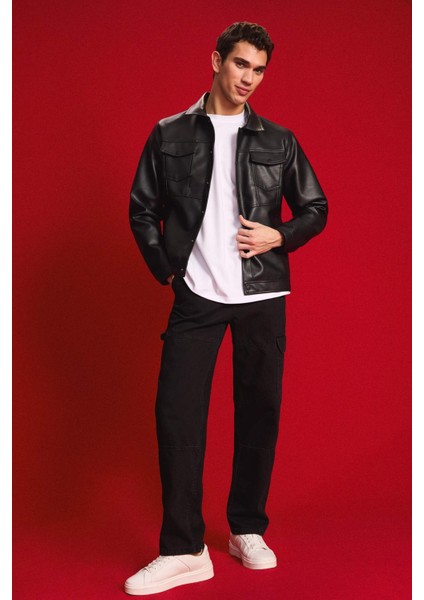 Su İtici Slim Fit Çıtçıtlı Mont Dar Kesim Suni Deri Gömlek Yaka Cepli D6589AX25SP