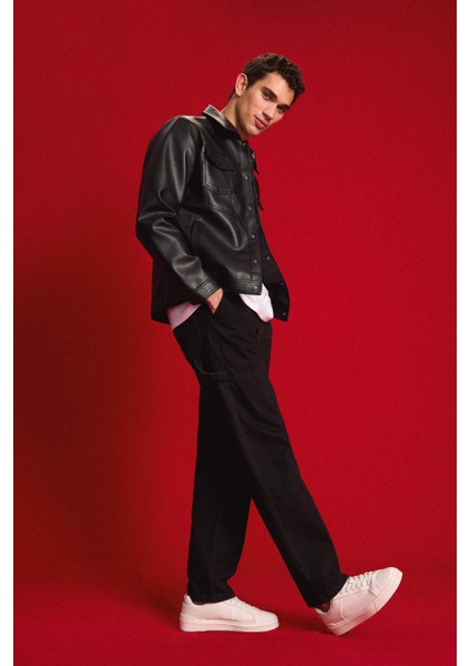 Su İtici Slim Fit Çıtçıtlı Mont Dar Kesim Suni Deri Gömlek Yaka Cepli D6589AX25SP