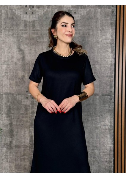 Kadın Kısa Kollu Bisiklet Yaka Yırtmaçlı Viskon Iki Iplik Elbise fiyatları