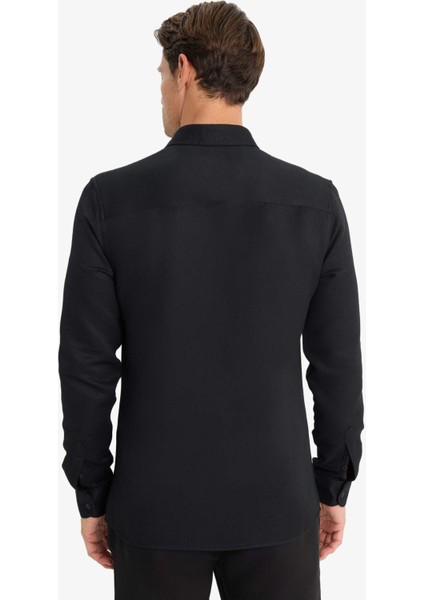 Slim Fit Dar Kesim Polo Yaka Dokulu Uzun Kollu Siyah Gömlek T2066AZ25SP