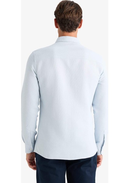 Slim Fit Dar Kesim Polo Yaka Dokulu Uzun Kollu Gömlek T2066AZ25SP