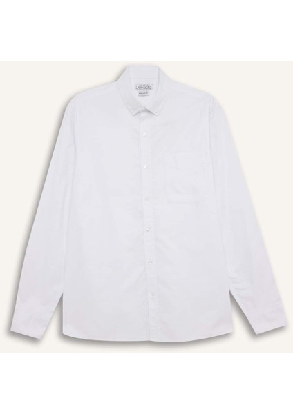 %100 Pamuk Regular Fit Polo Yaka Oxford Basic Düz Uzun Kollu Beyaz Gömlek A8028AX25SP