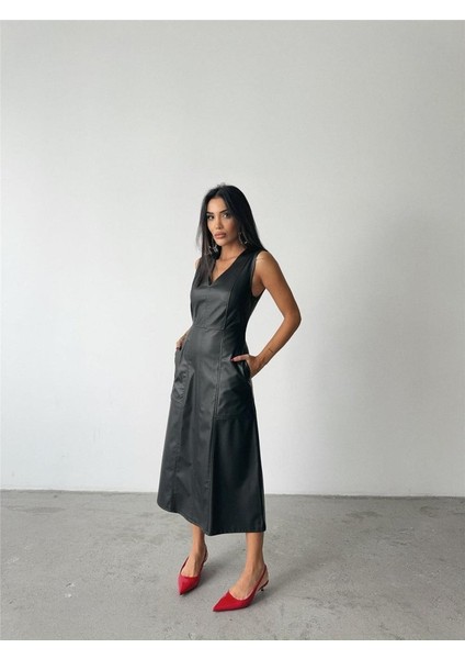 Askılı Deri Elbise Şanel Boy - Siyah fiyatları