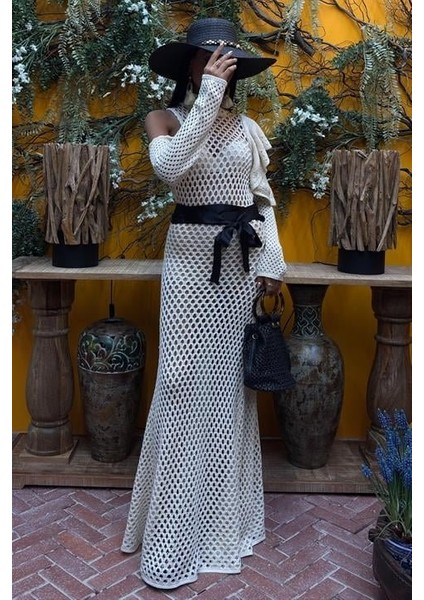 Saten Kuşaklı Ajurlu Triko Elbise 2847 fiyatları