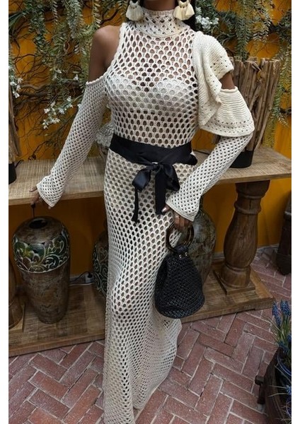 Saten Kuşaklı Ajurlu Triko Elbise 2847 modelleri