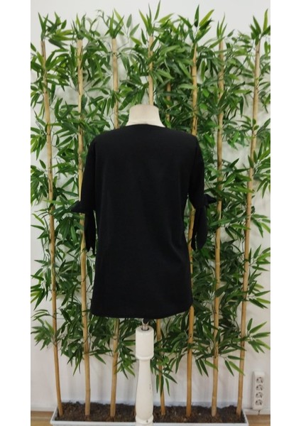 Kadın Kısa Kollu Kollardan Bağlamalı Önden Asimetrik Kesim Çift Renk Detaylı Düğmeli Ithal Krep Bluz