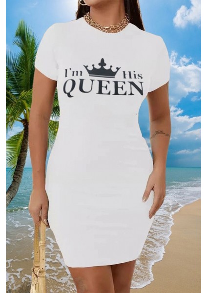 Kadın Kısa Kollu Queen Baskı Iki Iplik Mini Elbise