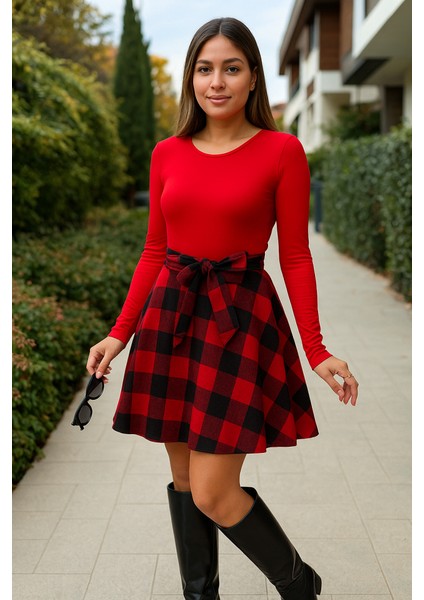 Kadın Uzun Kollu Bisiklet Yaka Üst Viskon Alt Ekose Kısa Elbise