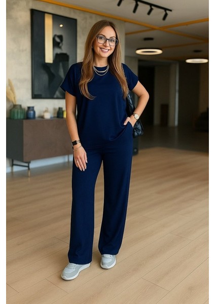 Kadın Kısa Kollu Bisiklet Yaka Viskon Iki Iplik Bluz ve Pantolon Ikili Takım