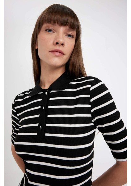 Bodycon Vücuda Oturan Düğmeli Polo Yaka Çizgili Fitilli Kaşkorse Yarım Kol Midi Elbise D5864AX24AU