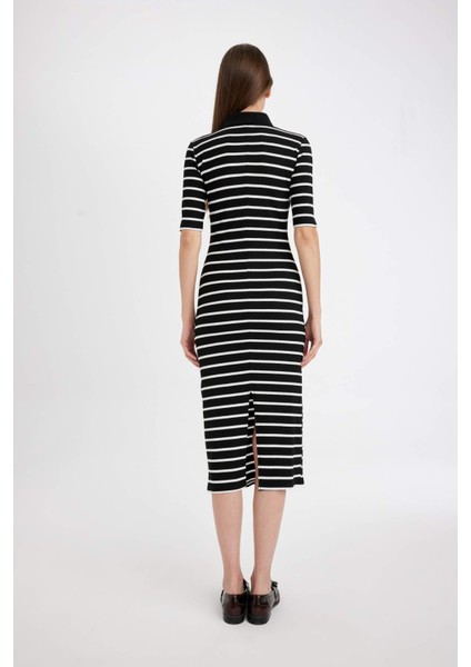 Bodycon Vücuda Oturan Düğmeli Polo Yaka Çizgili Fitilli Kaşkorse Yarım Kol Midi Elbise D5864AX24AU