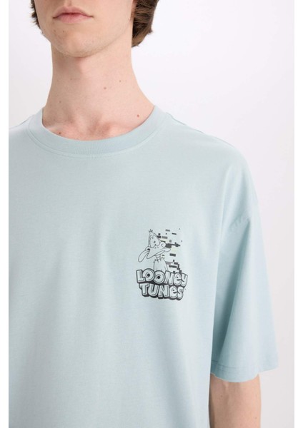 %100 Pamuk Looney Tunes Boxy Fit Bisiklet Yaka Sırt Baskılı Kısa Kollu Tişört D6774AX25SP