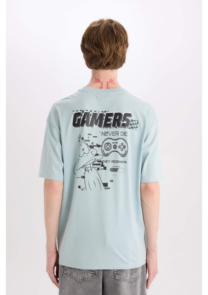 %100 Pamuk Looney Tunes Boxy Fit Bisiklet Yaka Sırt Baskılı Kısa Kollu Tişört D6774AX25SP