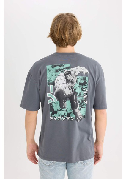 %100 Pamuk Marvel Boxy Fit Bisiklet Yaka Sırt Baskılı Kısa Kollu Tişört D6784AX25SP
