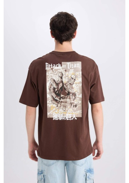 %100 Pamuk Attack on Titan Boxy Fit Bisiklet Yaka Sırt Baskılı Kısa Kollu Tişört D6778AX25SP