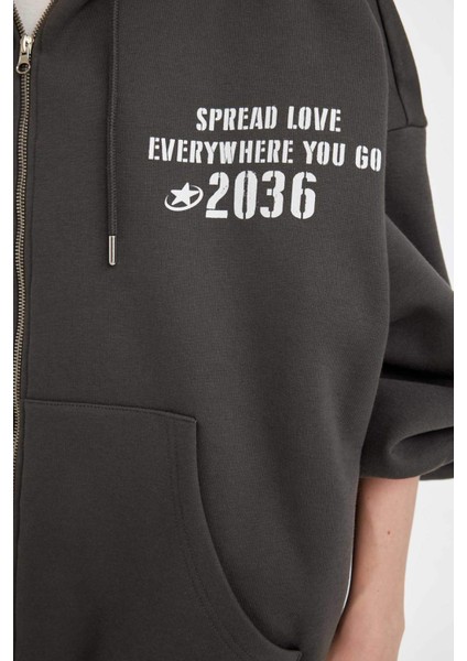 Oversize Geniş Kalıp Kapüşonlu Sırt Baskılı Kanguru Cepli Kalın Fermuarlı Sweatshirt D6754AX24WN