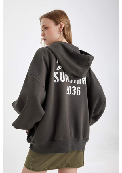 Oversize Geniş Kalıp Kapüşonlu Sırt Baskılı Kanguru Cepli Kalın Fermuarlı Sweatshirt D6754AX24WN