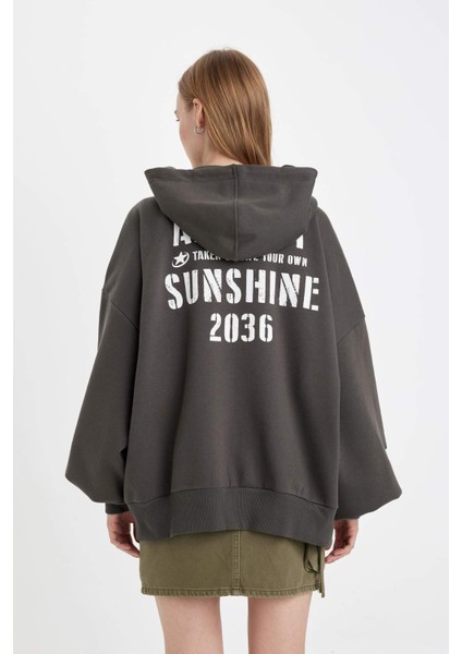 Oversize Geniş Kalıp Kapüşonlu Sırt Baskılı Kanguru Cepli Kalın Fermuarlı Sweatshirt D6754AX24WN