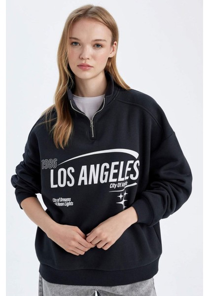 Loose Fit Yarım Fermuarlı Dik Yaka Baskılı Kalın Sweatshirt D7013AX24WN