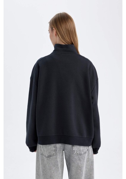 Loose Fit Yarım Fermuarlı Dik Yaka Baskılı Kalın Sweatshirt D7013AX24WN
