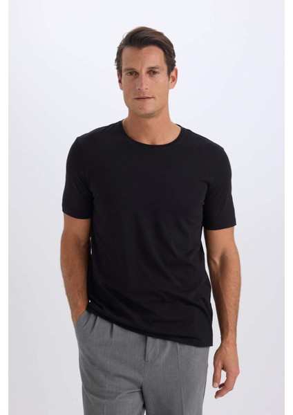 Slim Fit Dar Kesim Bisiklet Yaka Modal Karışımlı Pamuklu Basic Düz Kısa Kollu Siyah Tişört M6606AZ25SP