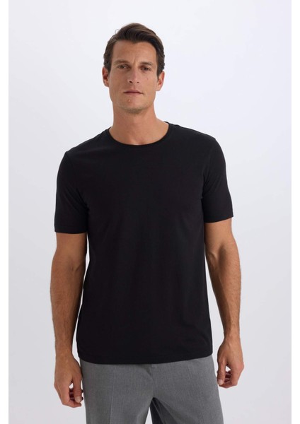 Slim Fit Dar Kesim Bisiklet Yaka Modal Karışımlı Pamuklu Basic Düz Kısa Kollu Siyah Tişört M6606AZ25SP