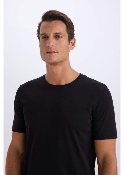 Slim Fit Dar Kesim Bisiklet Yaka Modal Karışımlı Pamuklu Basic Düz Kısa Kollu Siyah Tişört M6606AZ25SP