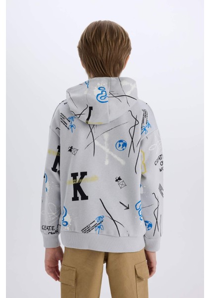 Erkek Çocuk Oversize Geniş Kalıp Kapüşonlu Desenli Sweatshirt D7118A824WN