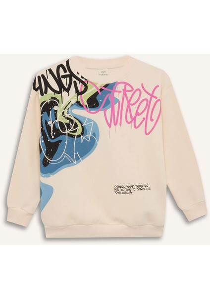 Erkek Çocuk Oversize Geniş Kalıp Bisiklet Yaka Baskılı Sweatshirt D7114A824WN