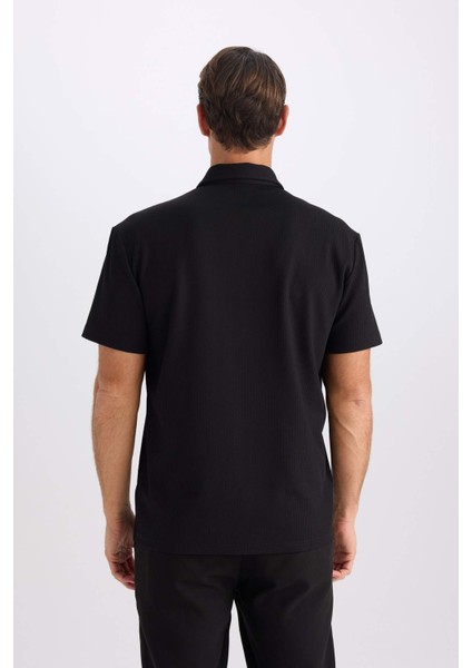 Regular Fit Polo Yaka Yarım Fermuarlı Kısa Kollu Pilise Siyah Tişört B7355AX25SP