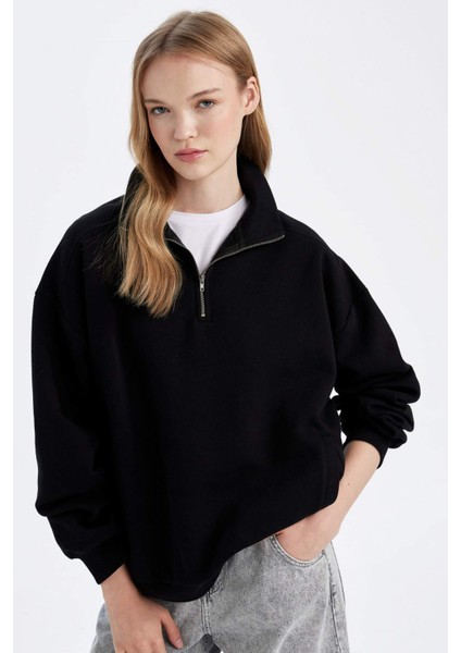 Oversize Geniş Kalıp Fermuarlı Dik Yaka Cepli Basic Düz Kalın Siyah Sweatshirt D7206AX24WN