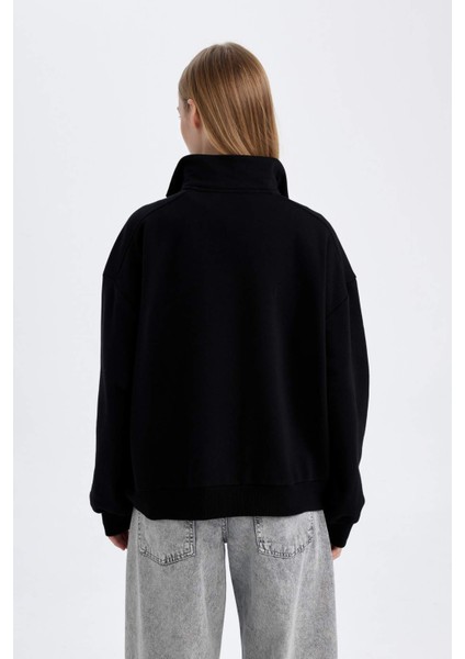 Oversize Geniş Kalıp Fermuarlı Dik Yaka Cepli Basic Düz Kalın Siyah Sweatshirt D7206AX24WN