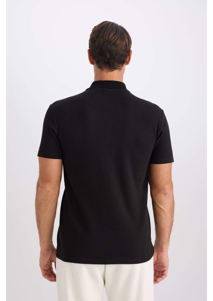 Slim Fit Dar Kesim Polo Yaka Kısa Kollu Pamuklu Modal Karışımlı Basic Düz Siyah Tişört M6609AZ25SP