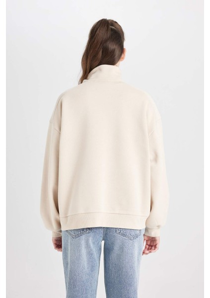Loose Fit Yarım Fermuarlı Dik Yaka Baskılı Kalın Sweatshirt D6566AX24WN