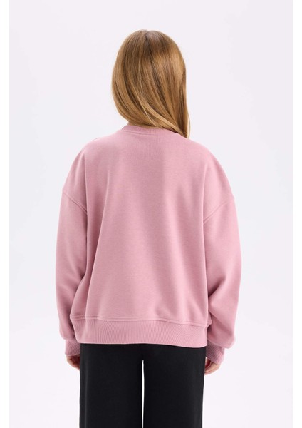 Kız Çocuk Oversize Geniş Kalıp Bisiklet Yaka Baskılı Sweatshirt D6989A824WN
