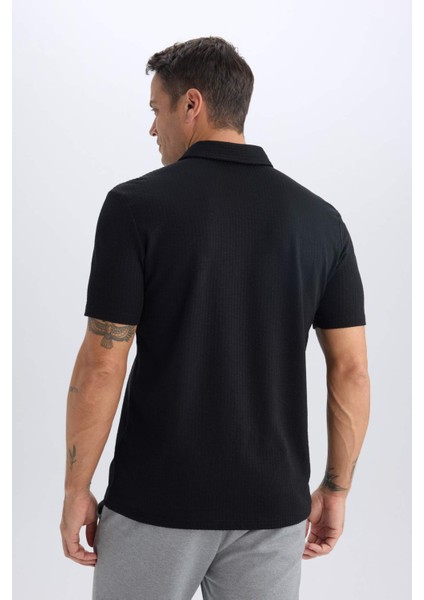 Slim Fit Dar Kesim Polo Yaka Pamuklu Kısa Kollu Siyah Tişört X2594AZ25SP