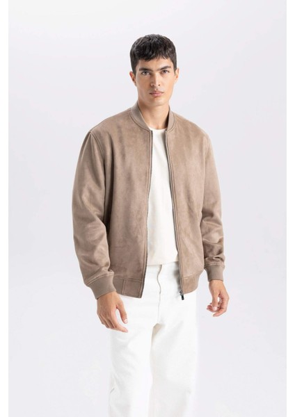 Slim Fit Süet Bomber Mont Ceket Dar Kesim Kolej Yaka Fermuarlı Çift Cepli Mevsimlik Baharlık Hafif A3866AX25SP