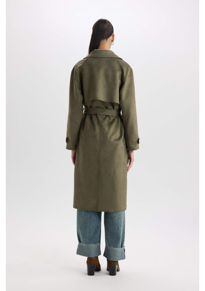 Regular Fit Smokin Yaka Kemerli Cepli Uzun Süet Trençkot D5799AX25SP