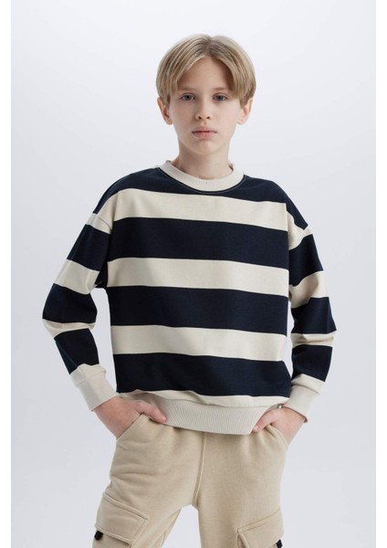 Erkek Çocuk Oversize Geniş Kalıp Bisiklet Yaka Çizgili Sweatshirt D7401A825SP