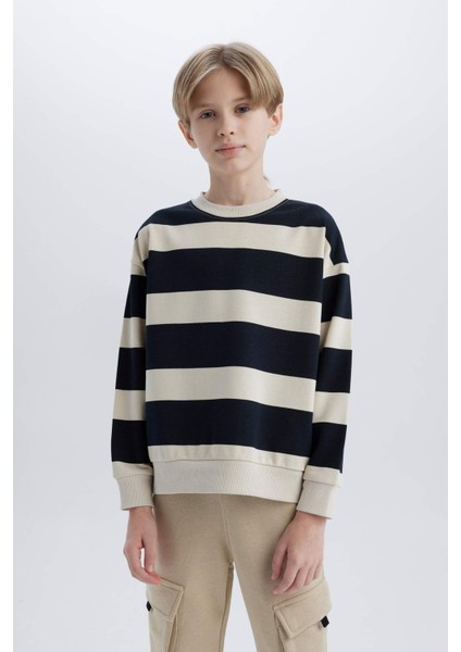 Erkek Çocuk Oversize Geniş Kalıp Bisiklet Yaka Çizgili Sweatshirt D7401A825SP