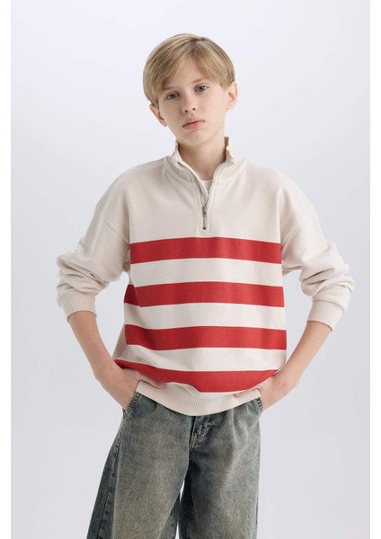 Erkek Çocuk Oversize Geniş Kalıp Dik Yaka Fermuarlı Çizgili Sweatshirt D7403A825SP