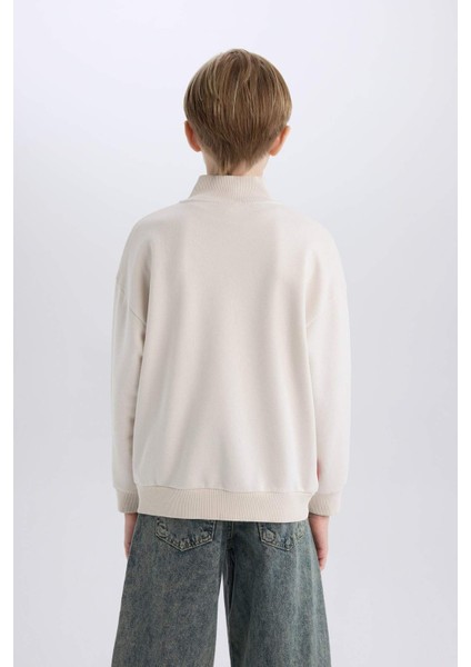 Erkek Çocuk Oversize Geniş Kalıp Dik Yaka Fermuarlı Çizgili Sweatshirt D7403A825SP