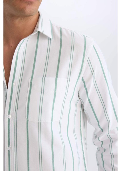%100 Pamuk Regular Fit Polo Yaka Çizgili Oxford Uzun Kollu Gömlek D6101AX25SP