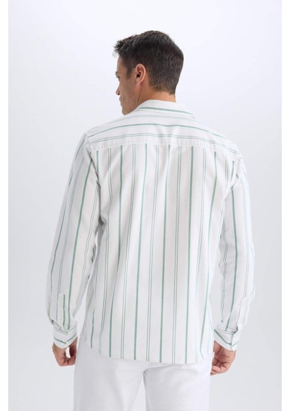 %100 Pamuk Regular Fit Polo Yaka Çizgili Oxford Uzun Kollu Gömlek D6101AX25SP