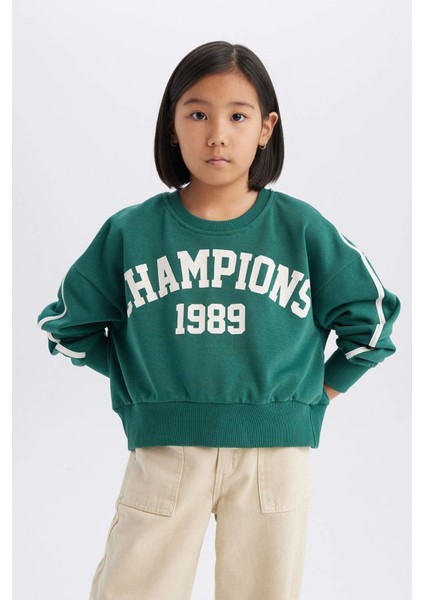 Kız Çocuk Relax Fit Bisiklet Yaka Baskılı Sweatshirt D7442A825SP