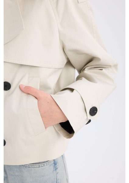 Regular Fit Kısa Trençkot Smokin Yaka Düğmeli Cepli Apoletli D5770AX25SP